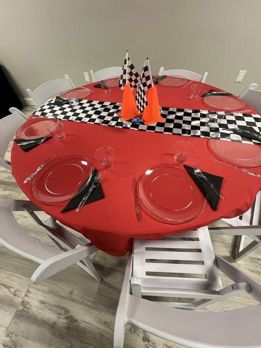 Racing Cars theme red table variation with checkered runner